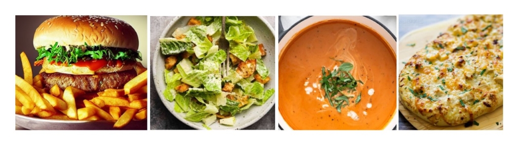 Hamburger, Caesar salad, tomato soup, flatbread pizza