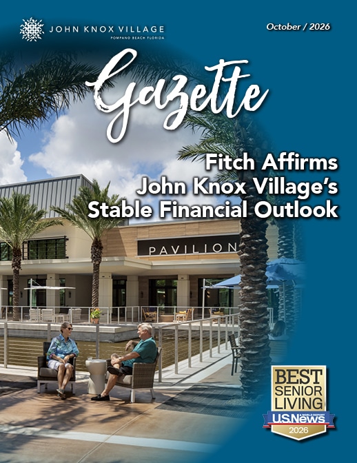 Gazette magazine cover, picture of Westlake at JKV, Headline: Fitch Affirms John Knox Village's Stable Financial Outlook
